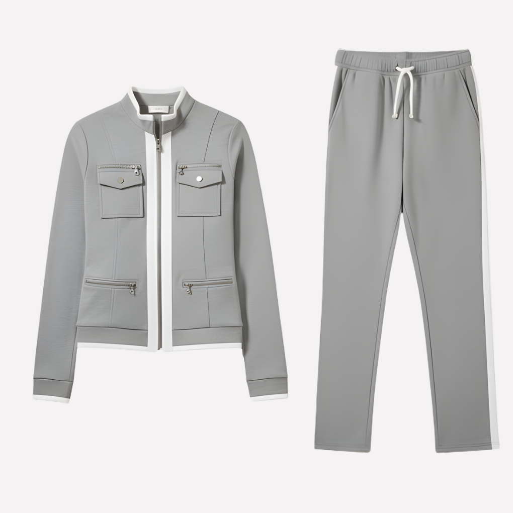 Stella zip front jacket and trouser set with contrast trim