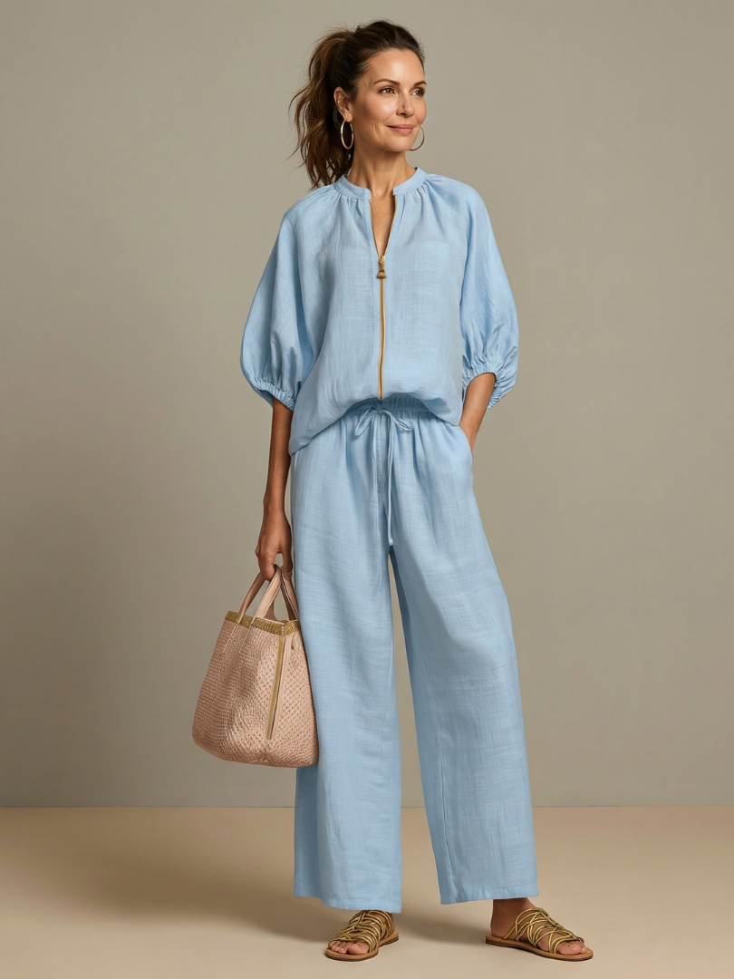 Gaelle zip front top and wide leg trouser set