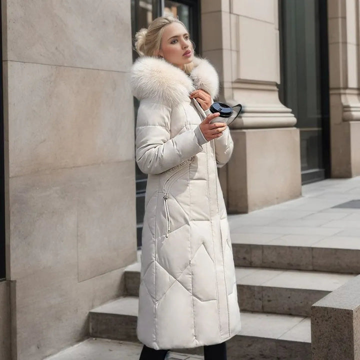 Larissa long winter coat with faux fur hood