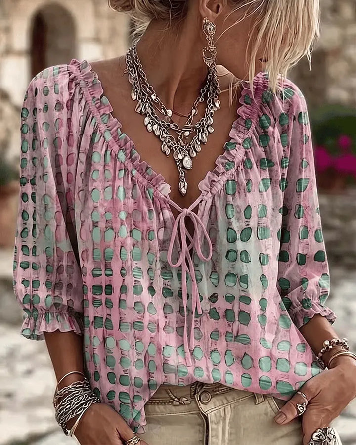 Hege polka dot blouse with tie V neck – image 4