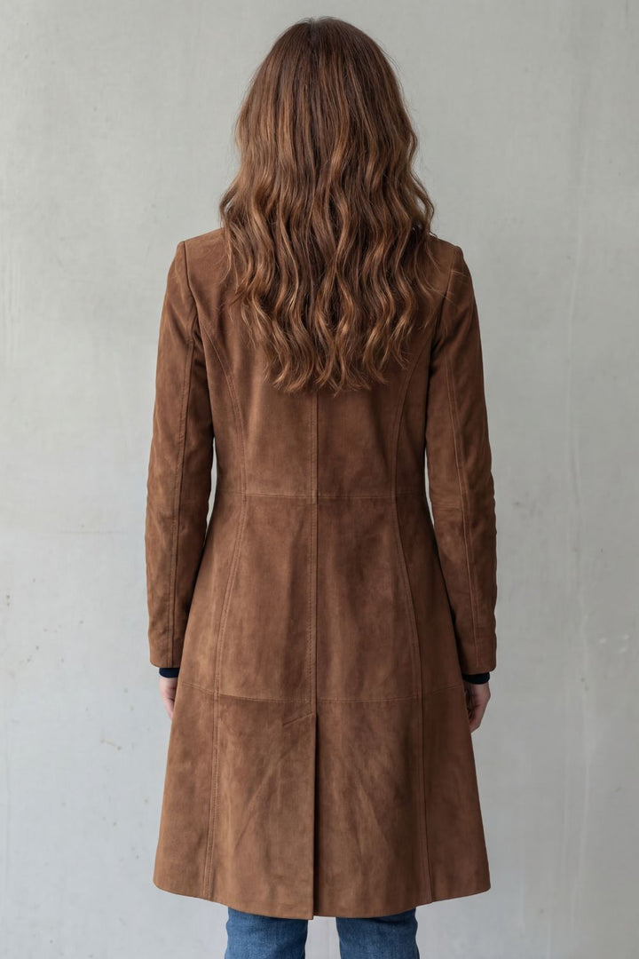 Poppy suede look longline coat with pockets – image 3