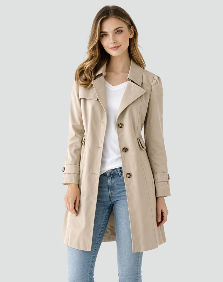 Eloise fitted trench coat with gold buttons
