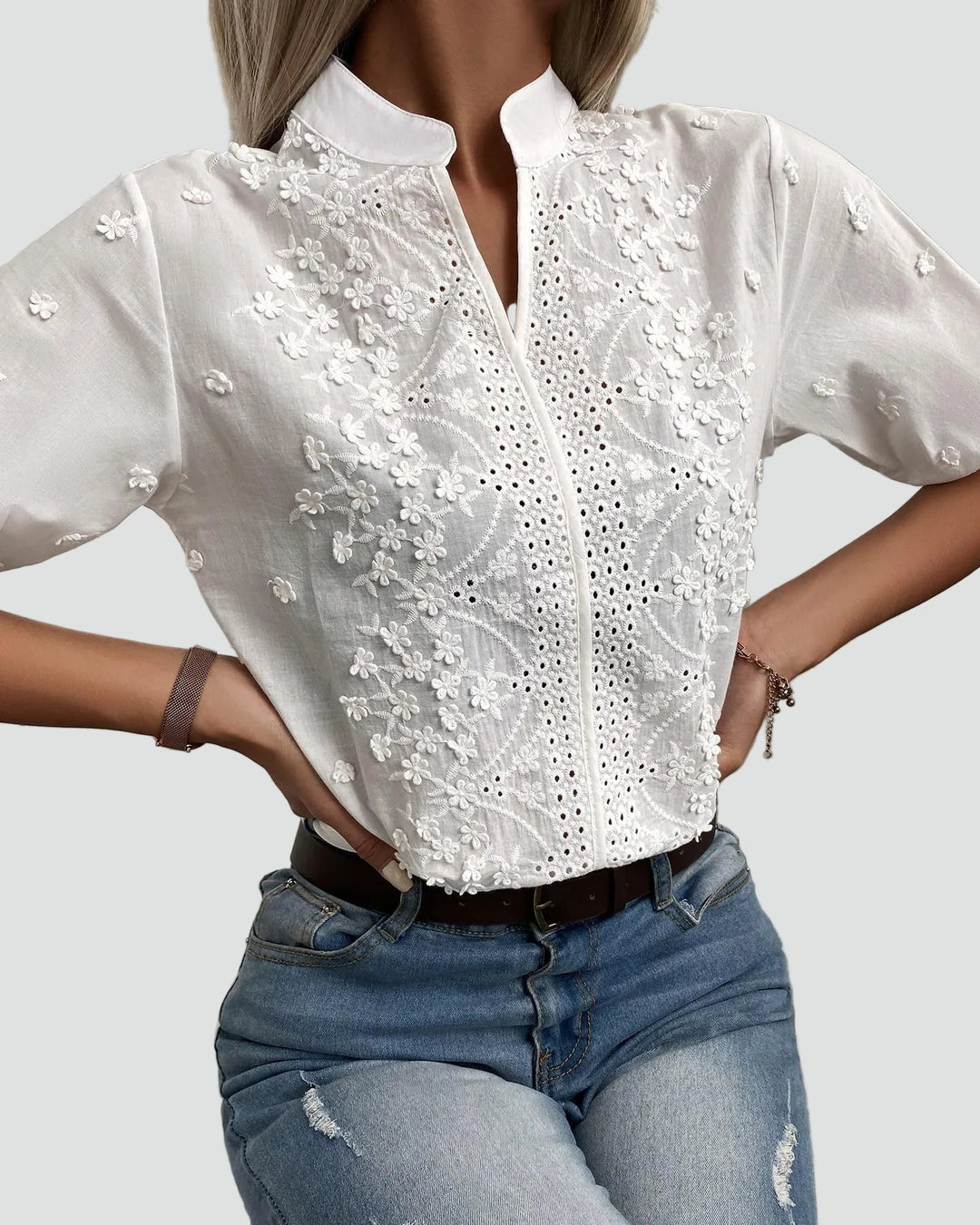 Lillian white embroidered blouse with high neck