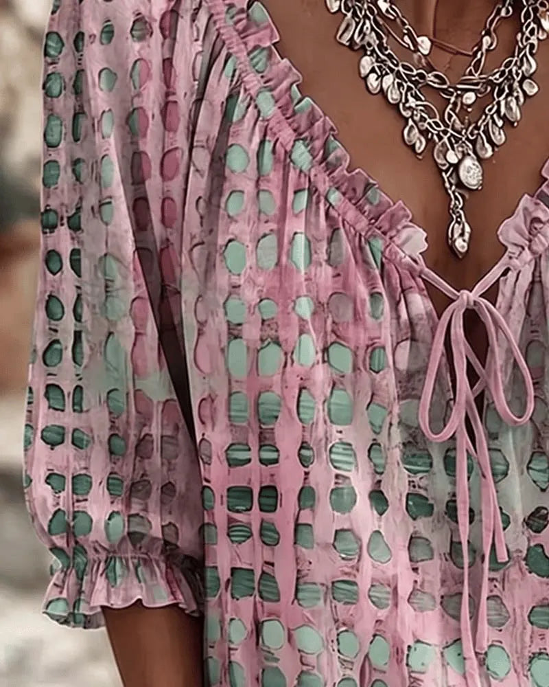 Hege polka dot blouse with tie V neck – image 3