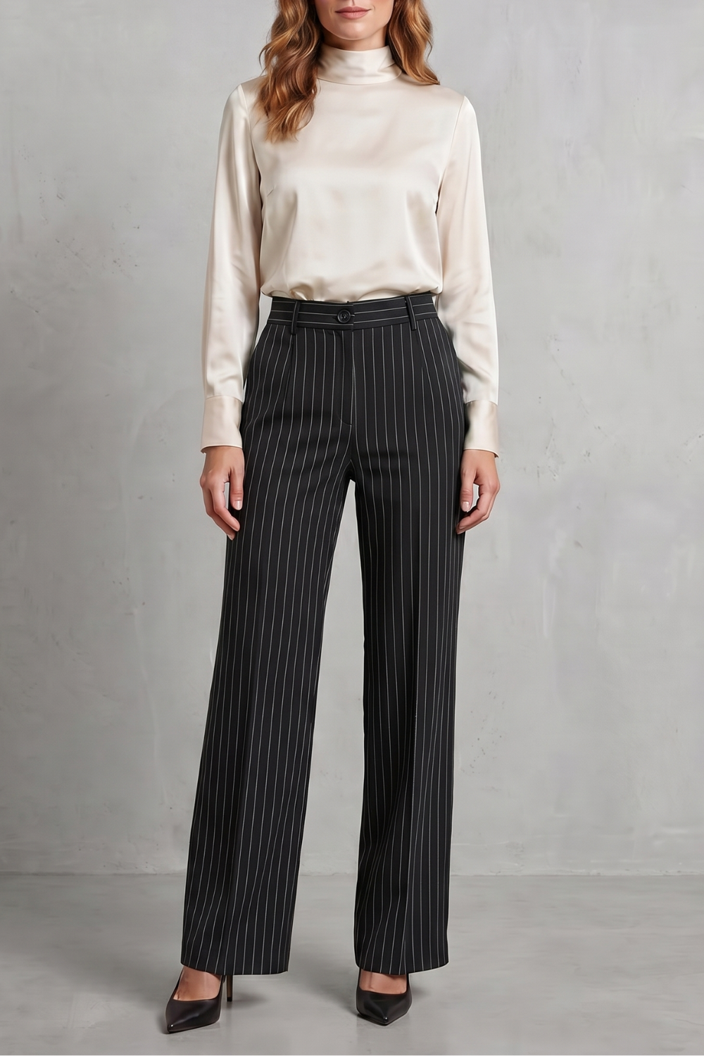 Dwynwen high waisted pinstripe wide leg trousers