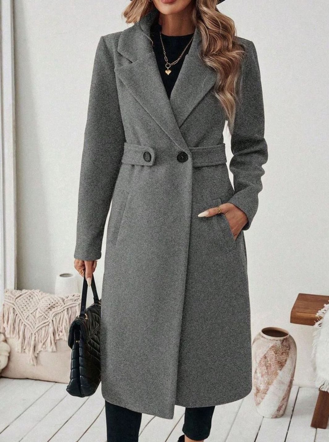 Delia Elegant Belted Long Wool Coat with Wide Collar - image 13