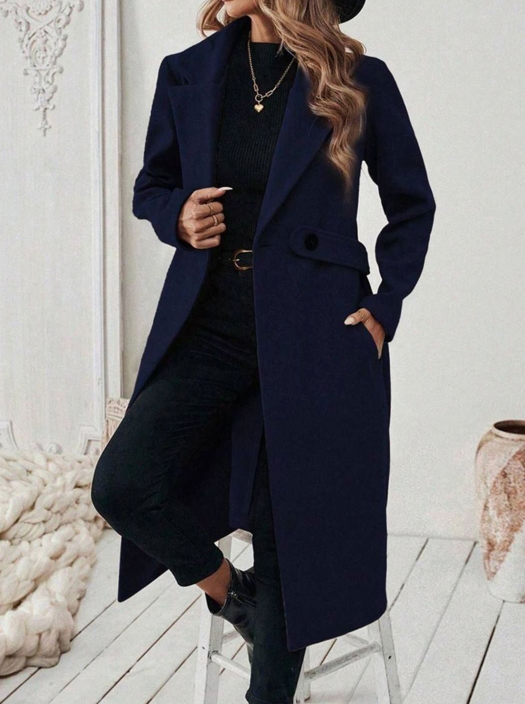 Delia Elegant Belted Long Wool Coat with Wide Collar - image 18