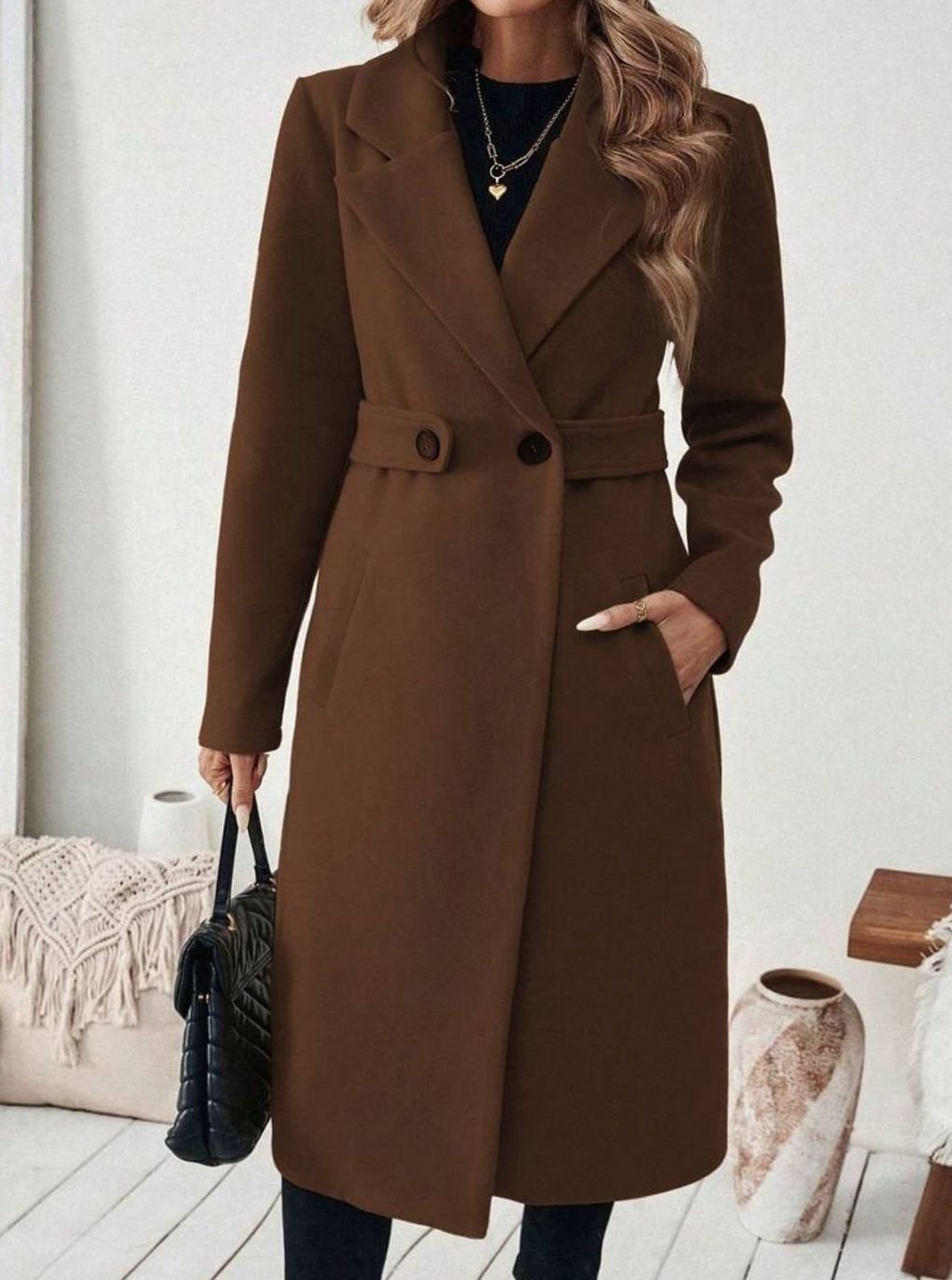 Delia Elegant Belted Long Wool Coat with Wide Collar - image 5