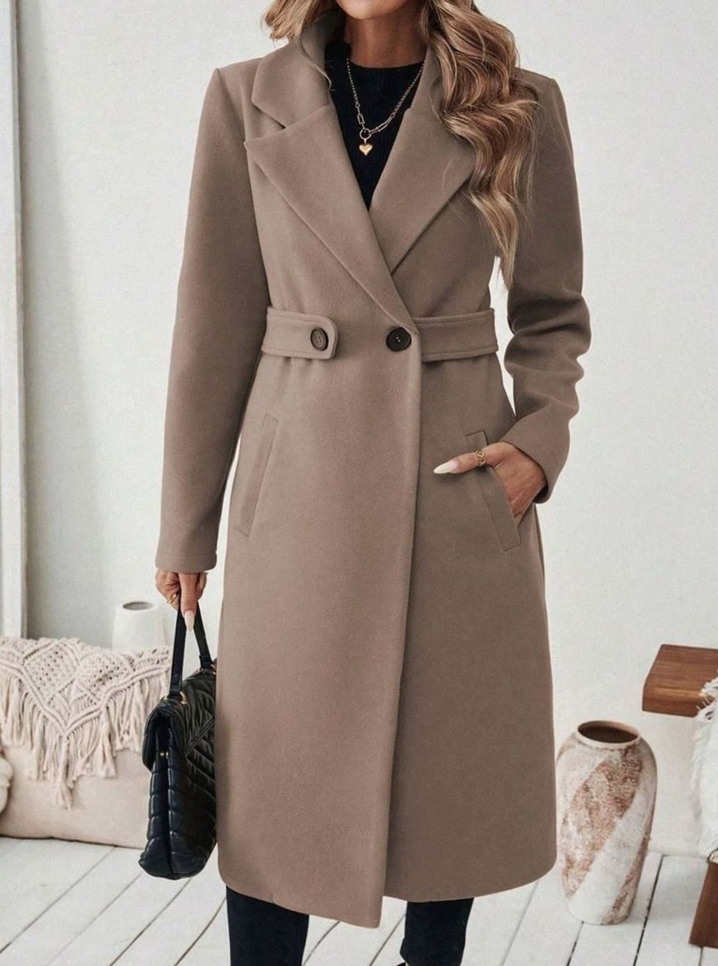 Delia Elegant Belted Long Wool Coat with Wide Collar - image 9