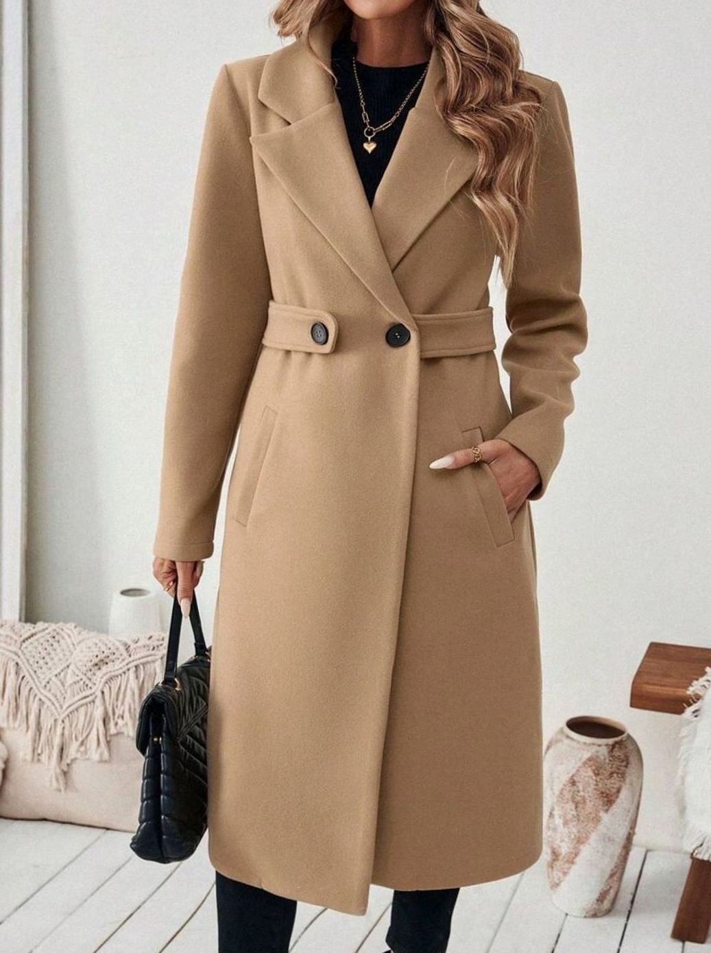 Delia Elegant Belted Long Wool Coat with Wide Collar