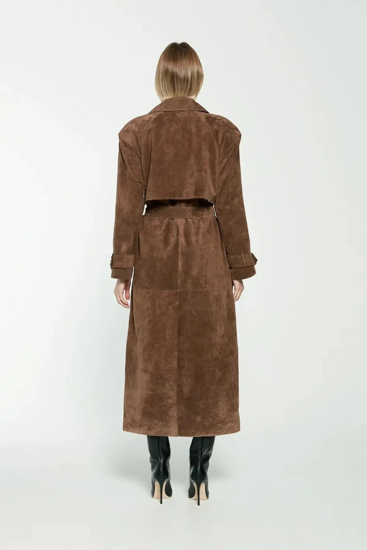 Theodora suede double breasted long trench coat – image 2