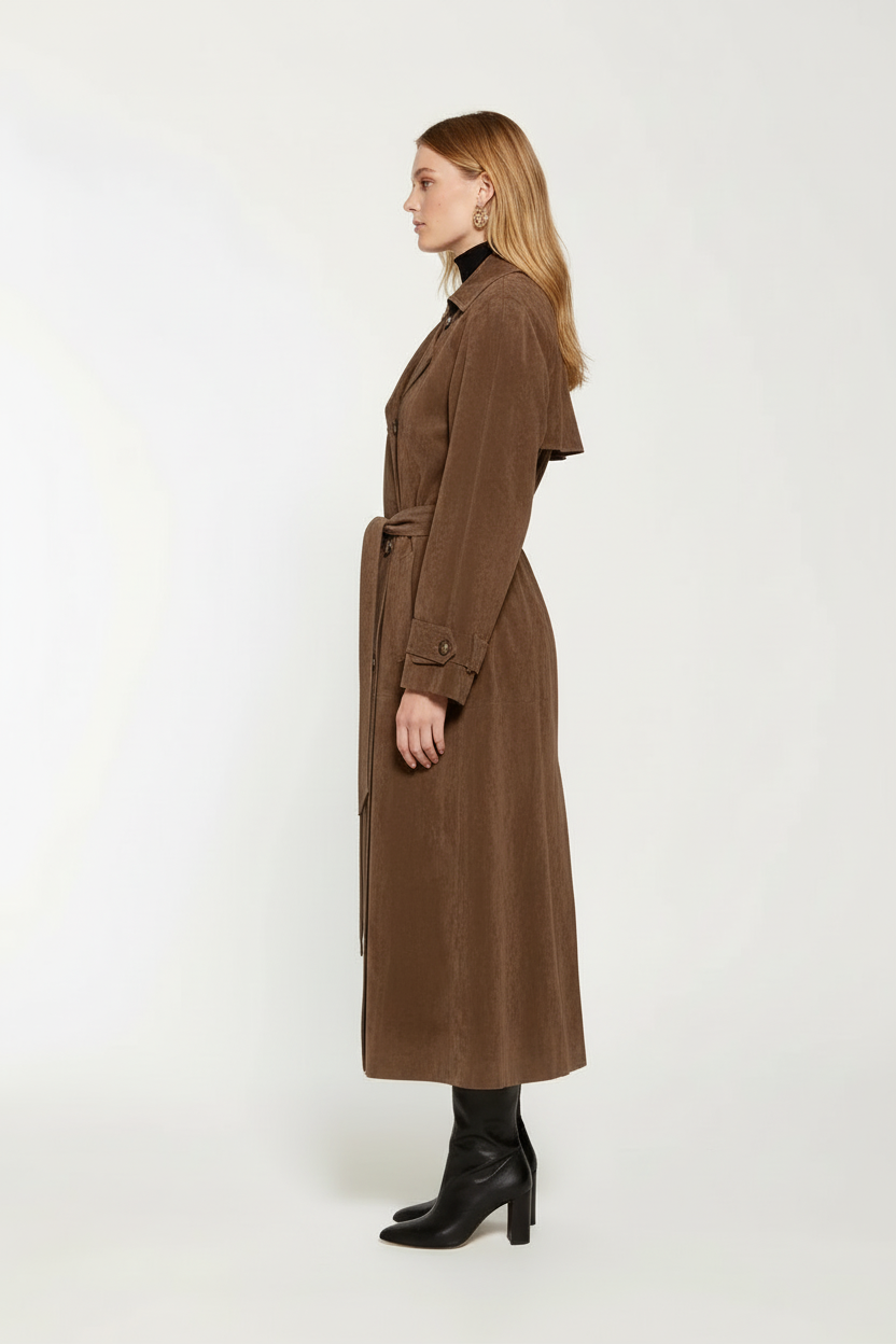 Theodora suede double breasted long trench coat – image 3