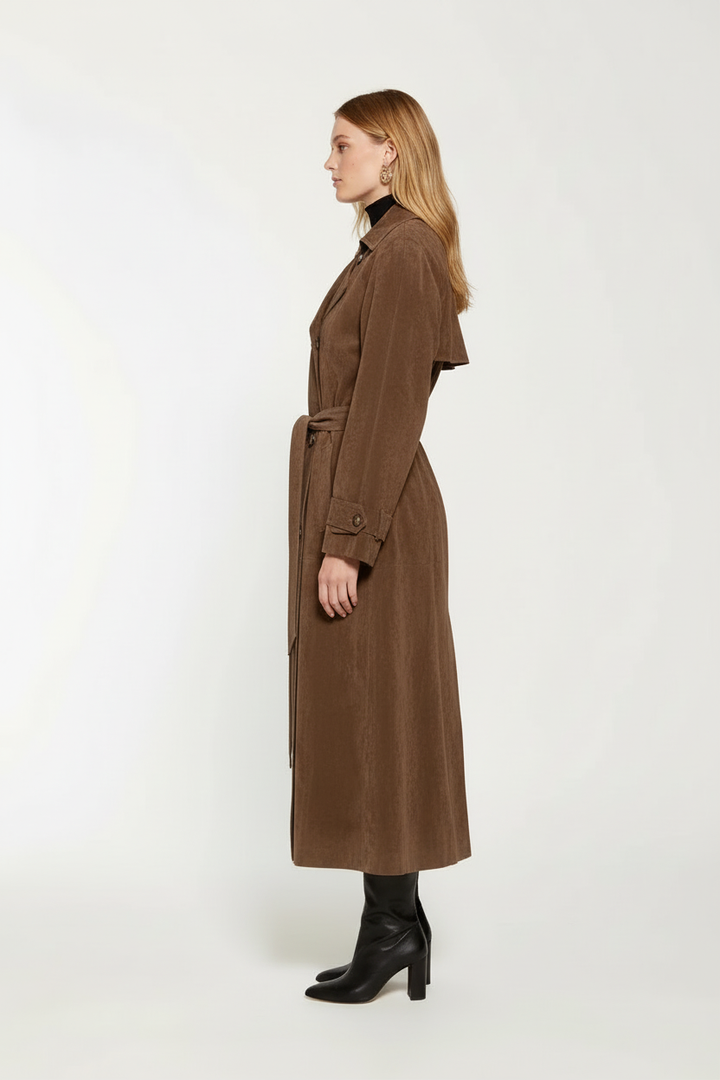 Theodora suede double breasted long trench coat – image 3
