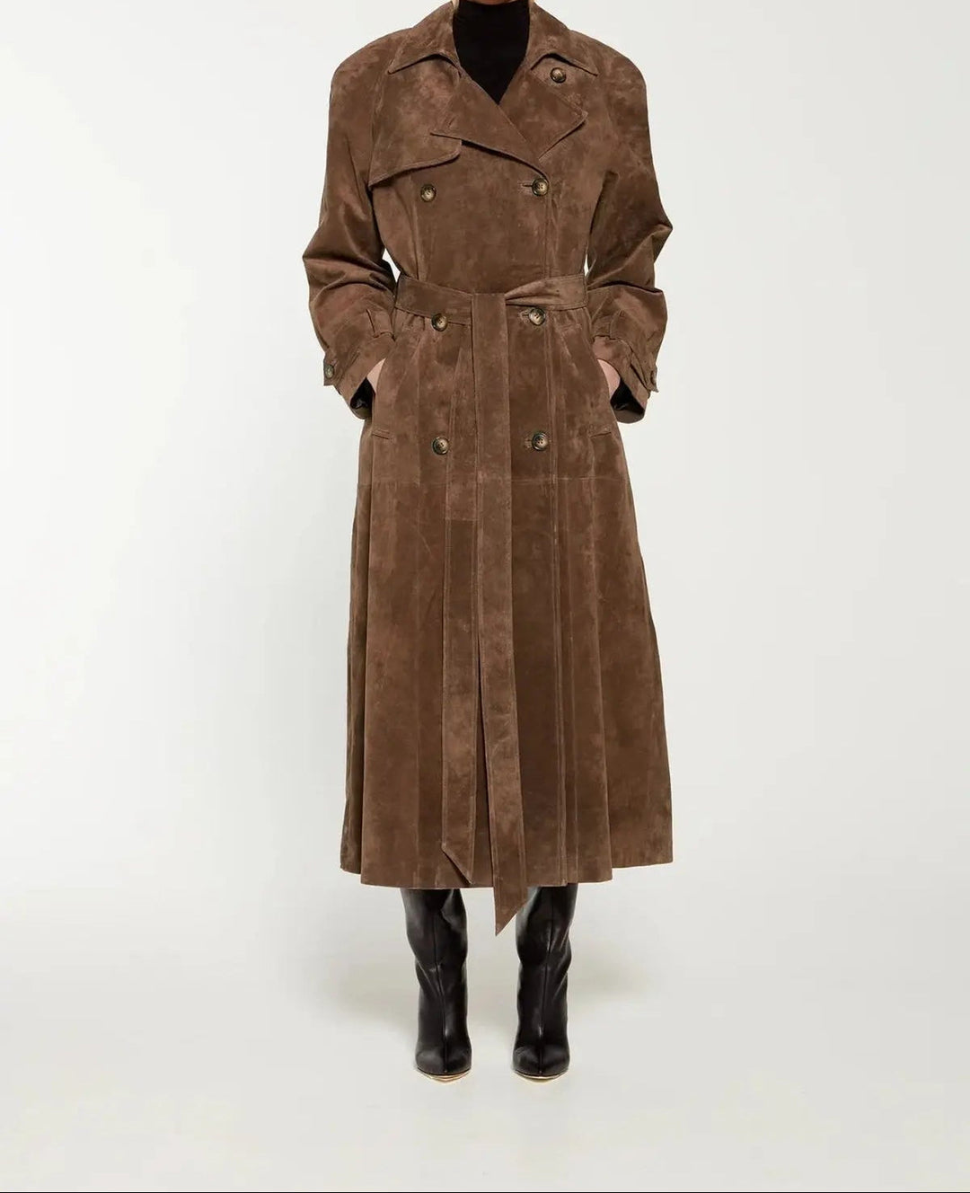 Theodora suede double breasted long trench coat