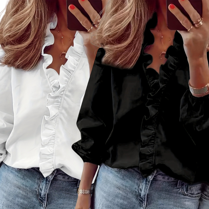Evelyn two tone ruffle V neck blouse – image 2