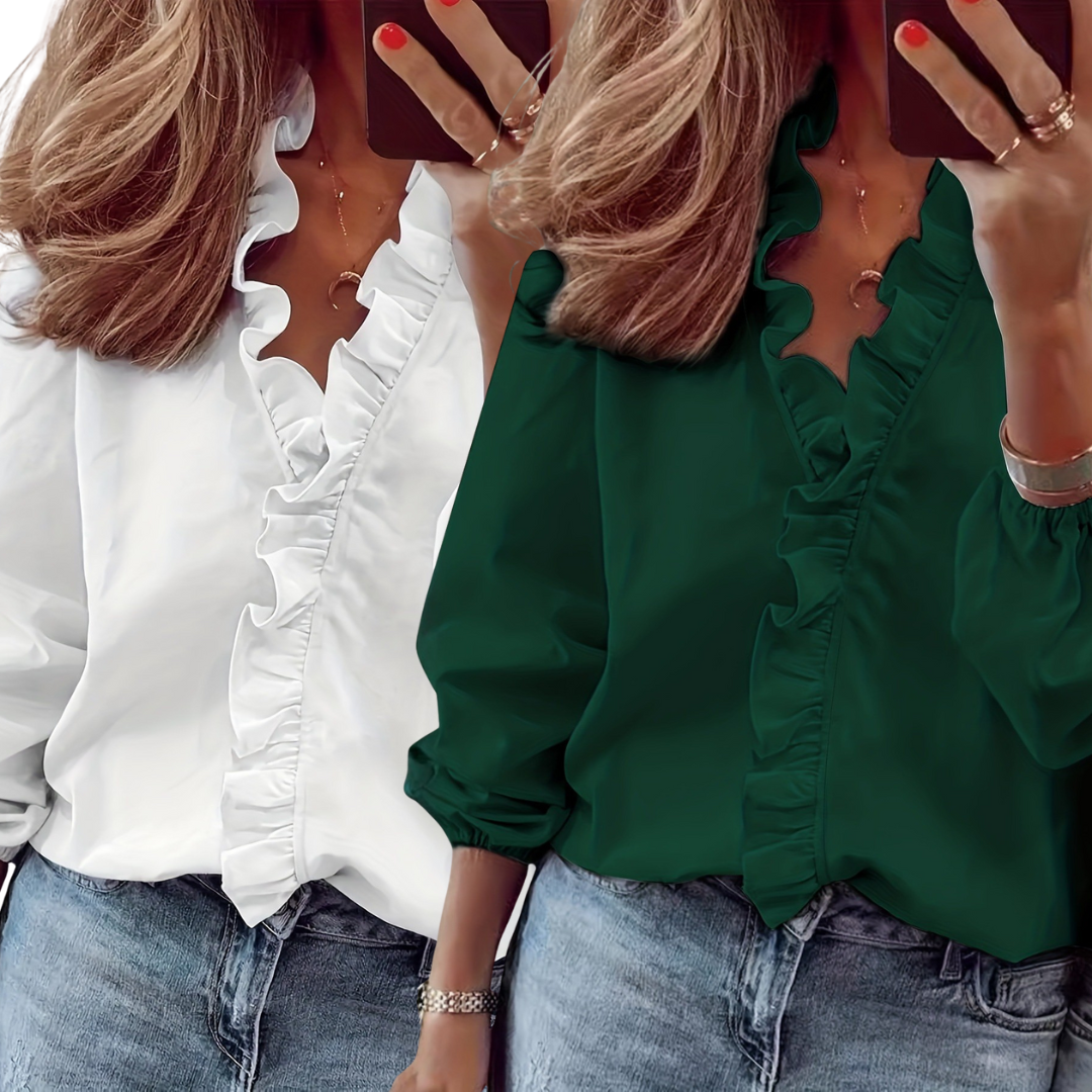 Evelyn two tone ruffle V neck blouse – image 4