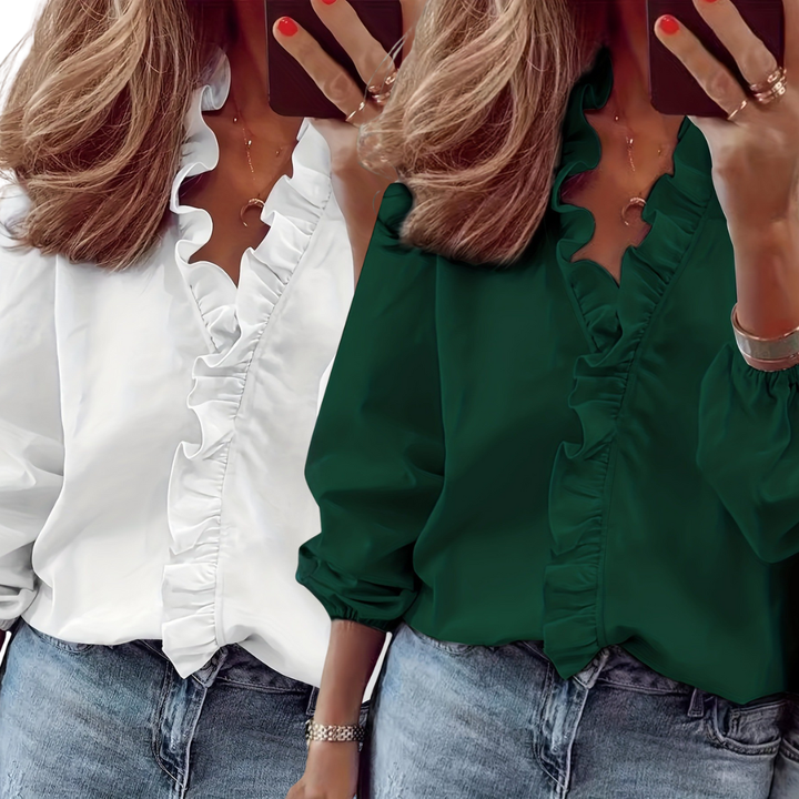 Evelyn two tone ruffle V neck blouse – image 4