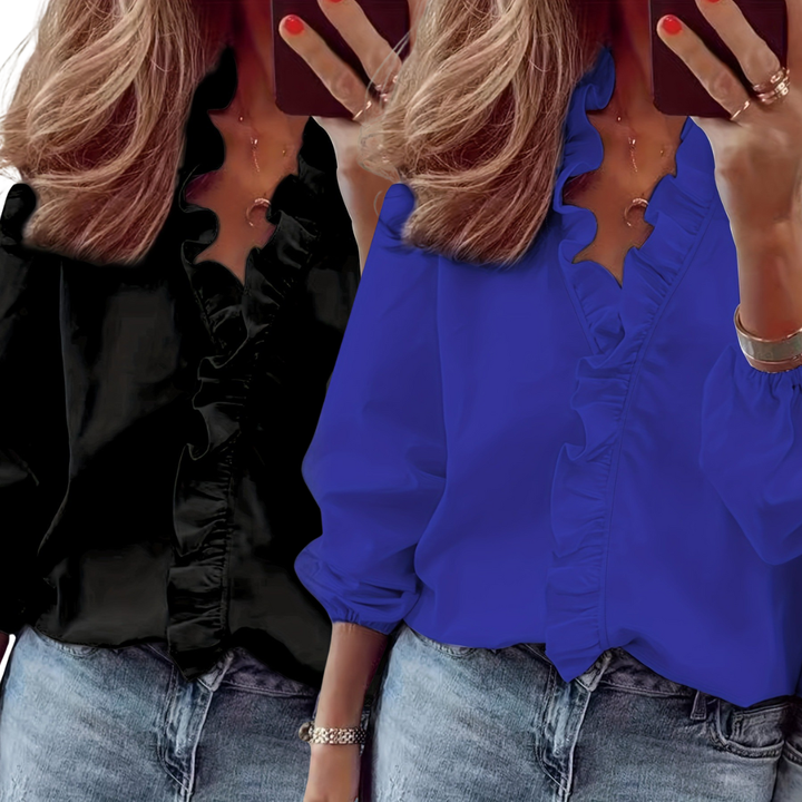 Evelyn two tone ruffle V neck blouse – image 5