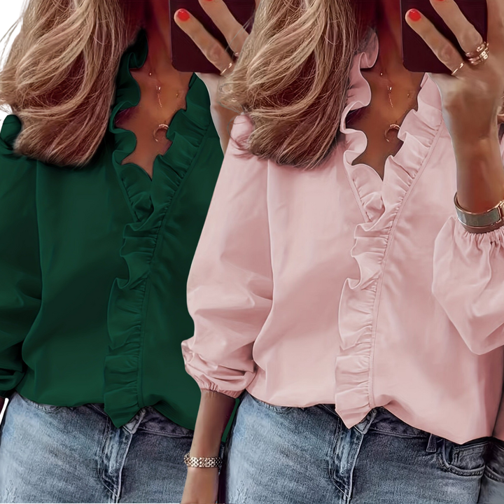 Evelyn two tone ruffle V neck blouse – image 6