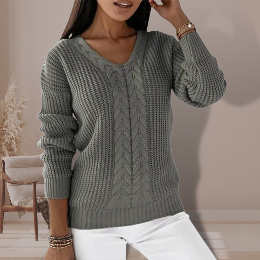 Mariana cable knit V neck jumper with ribbed cuffs