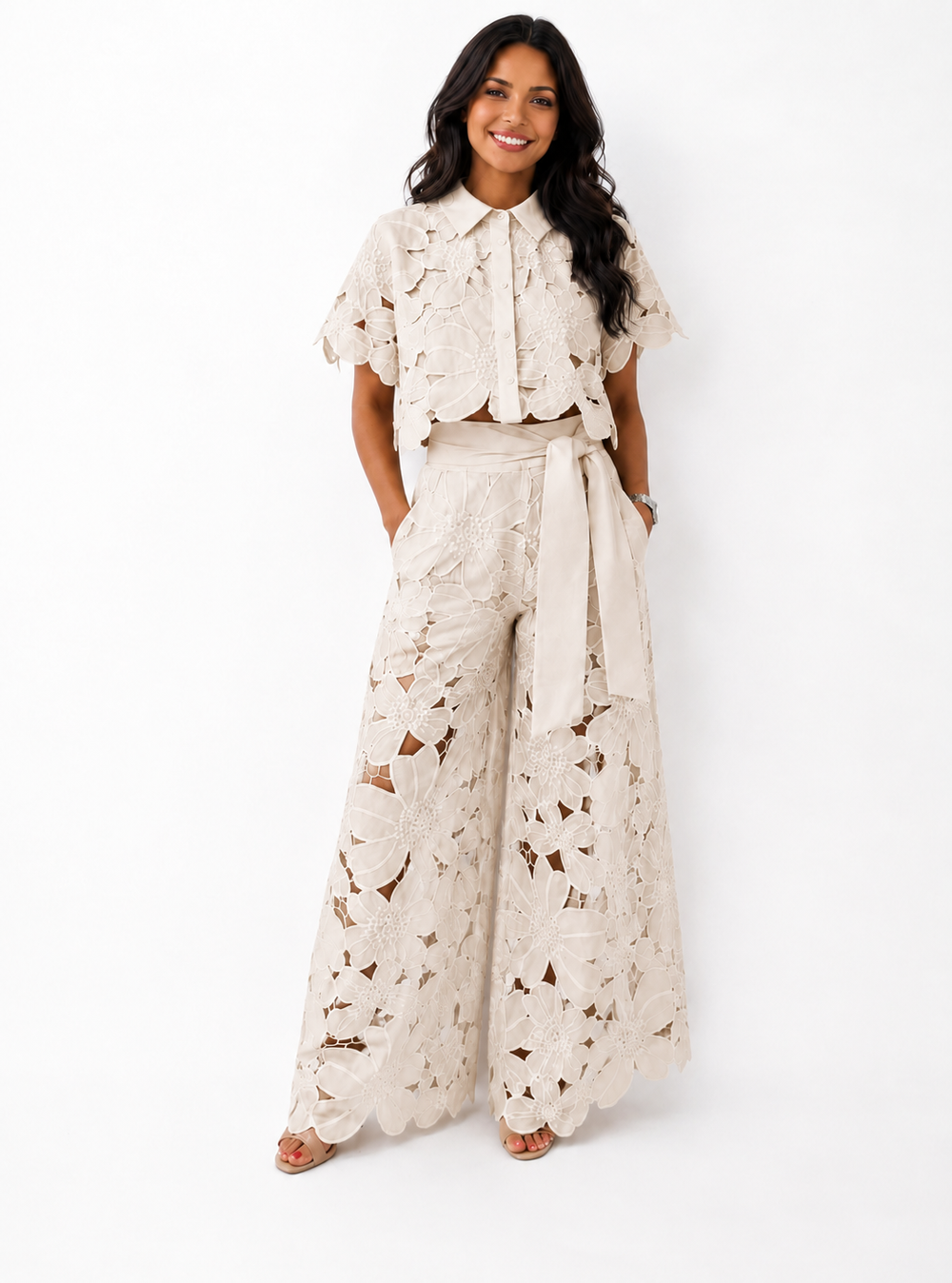 Anastasia floral lace crop top and wide leg trouser set – image 2
