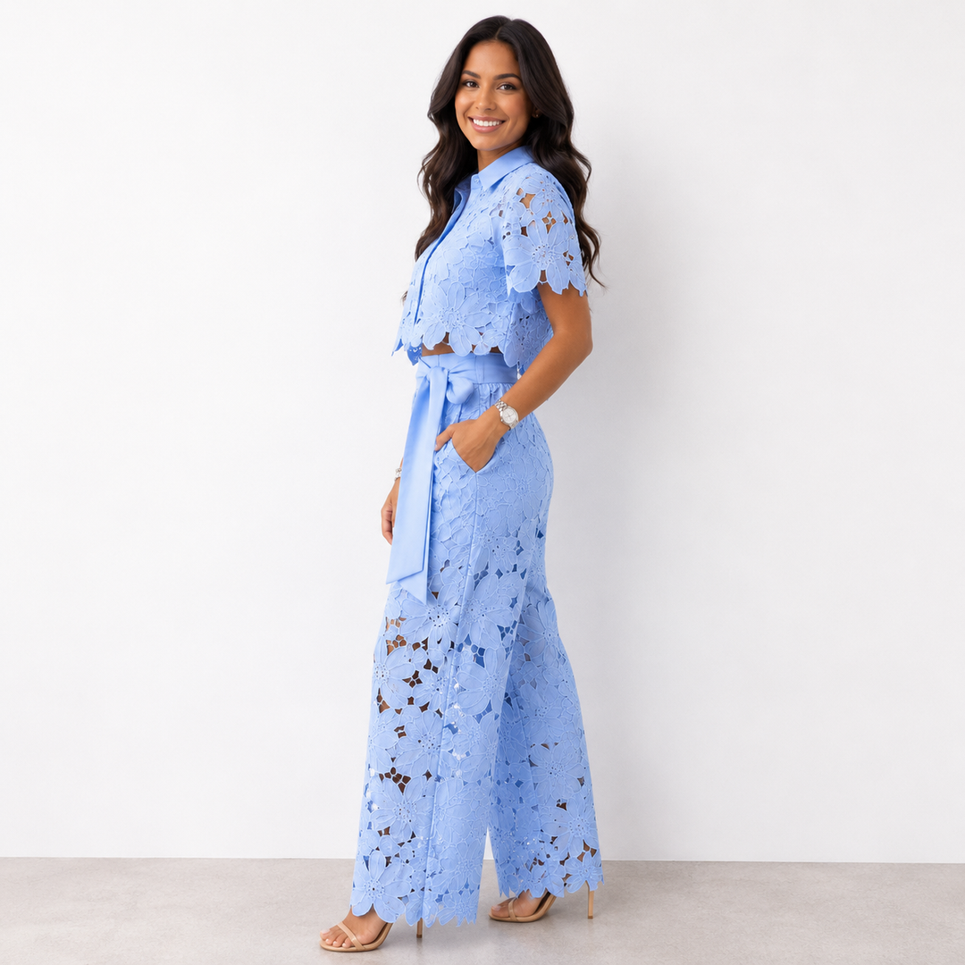 Anastasia floral lace crop top and wide leg trouser set