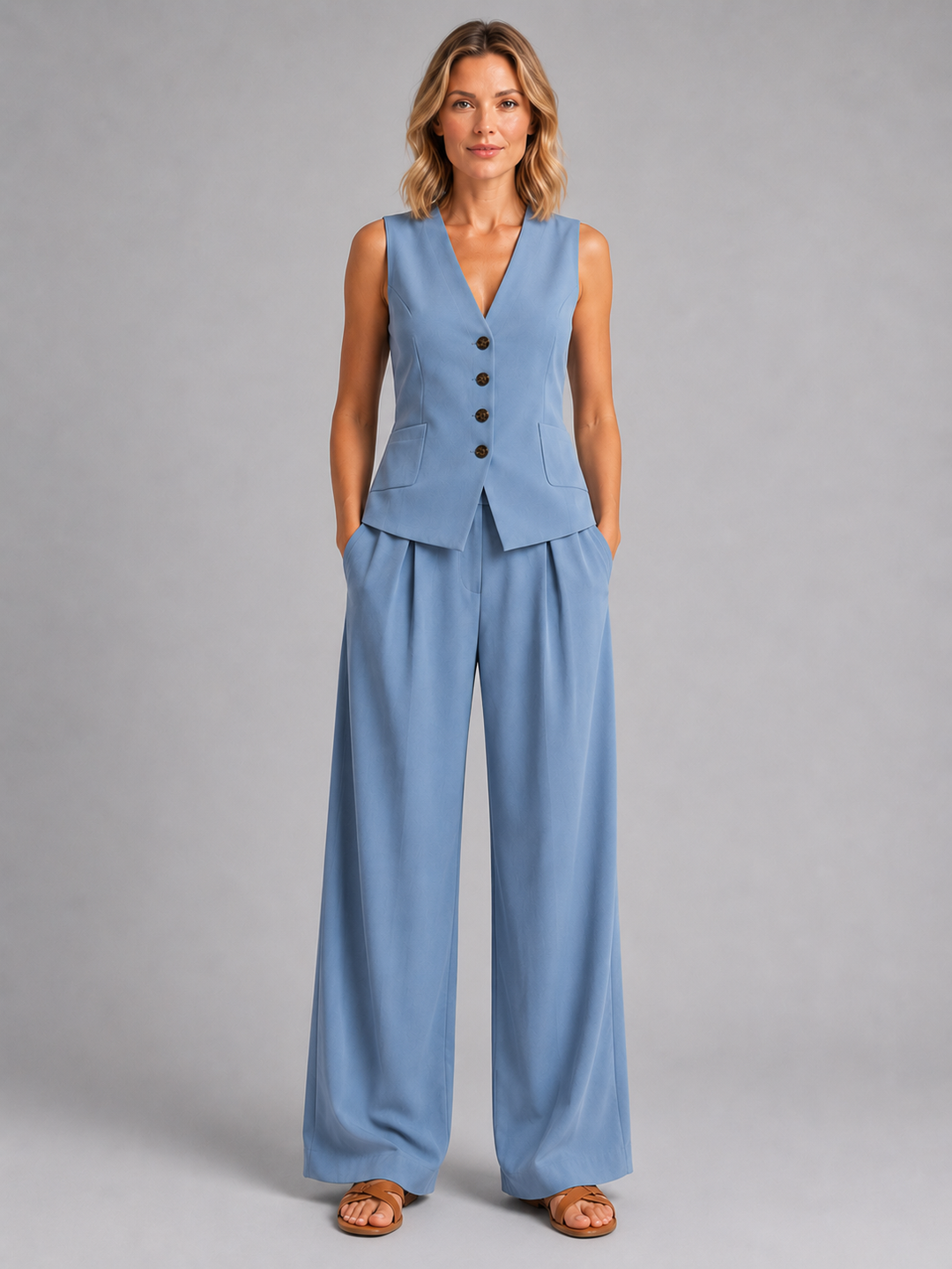Audrey sleeveless waistcoat and wide leg trousers set
