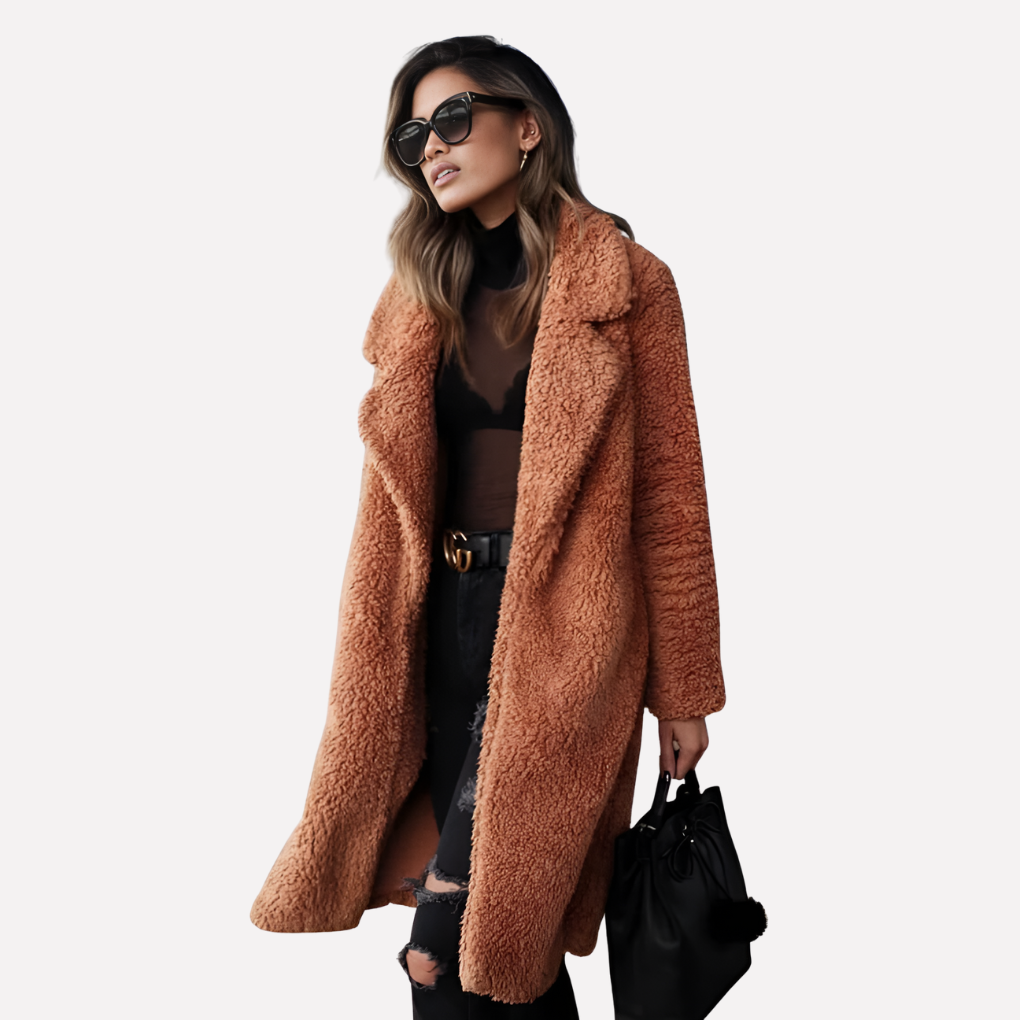 Vilde long teddy coat with notch collar – image 2
