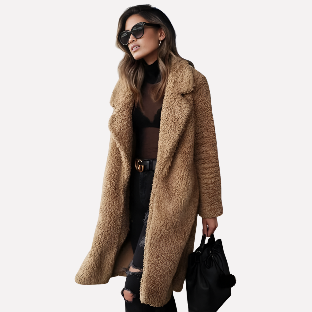 Vilde long teddy coat with notch collar – image 3
