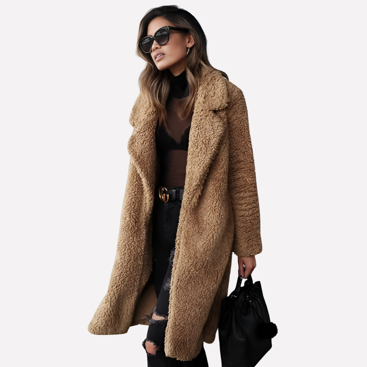 Vilde long teddy coat with notch collar – image 3