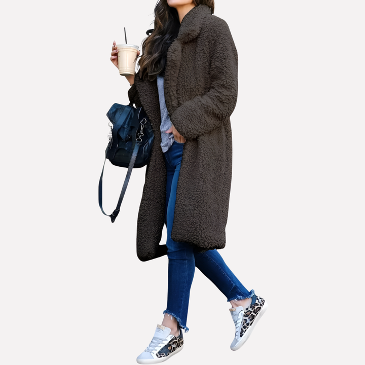 Vilde long teddy coat with notch collar – image 5