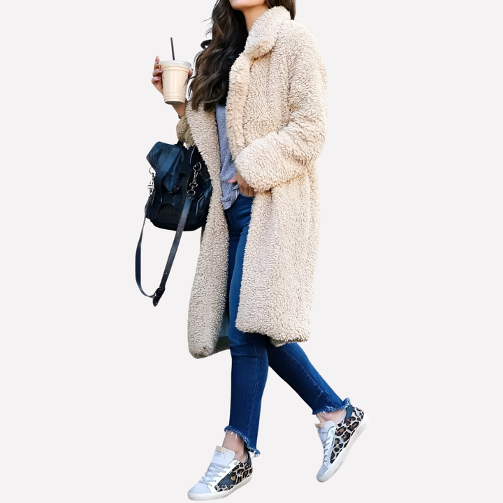 Vilde long teddy coat with notch collar – image 4