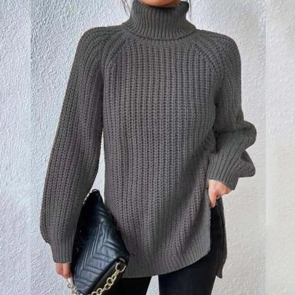 Nanna chunky knit roll neck jumper with side splits – image 4