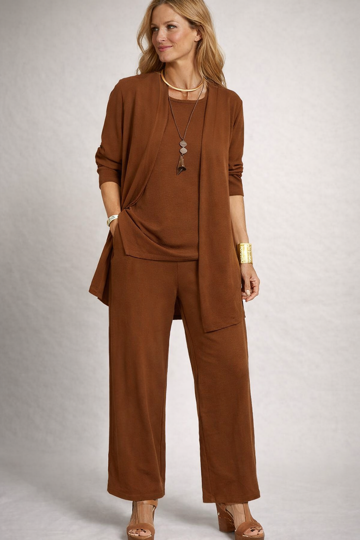 Catherine three piece set with cardigan and wide leg trousers – image 6