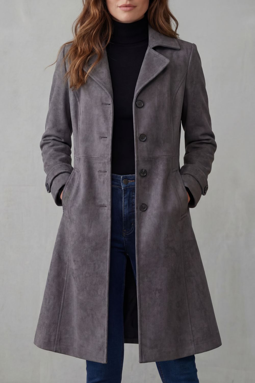 Vivian longline suede look coat with notch collar – image 5