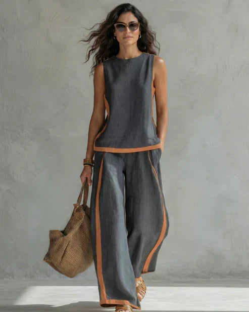 Priscilla sleeveless top and wide leg trouser set with contrast trim