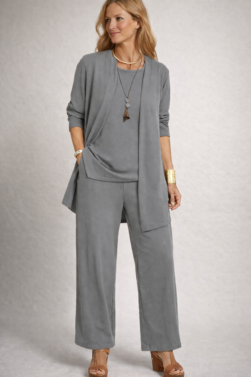 Catherine three piece set with cardigan and wide leg trousers