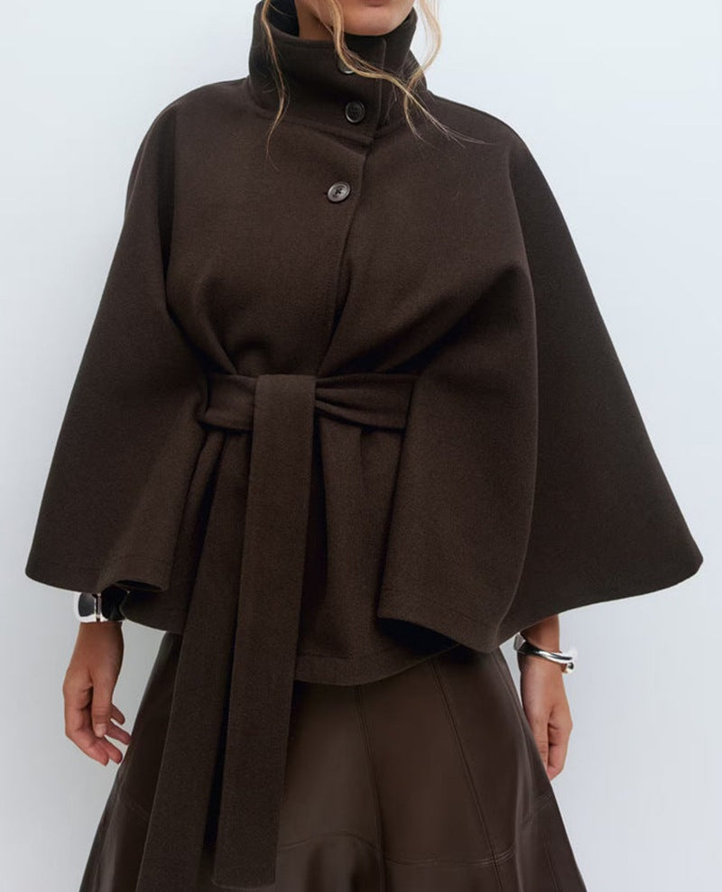 Edwina Elegant Belted Cape Coat with Stand Collar - image 2