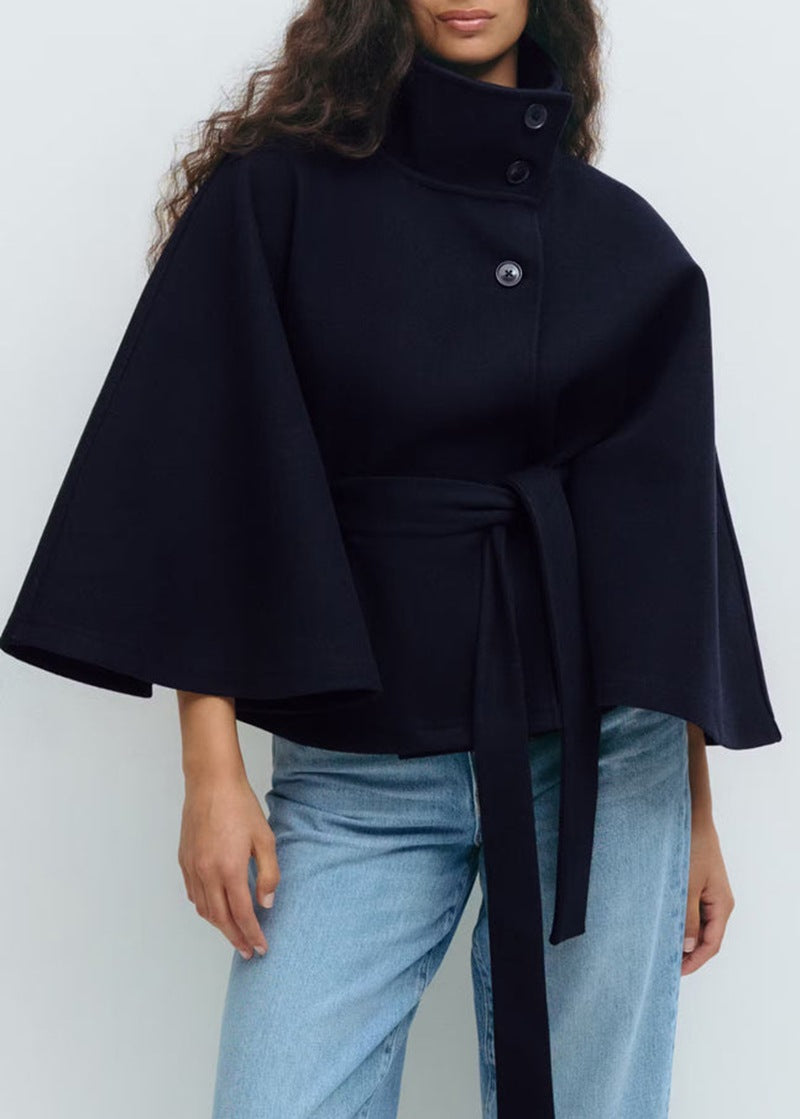 Edwina Elegant Belted Cape Coat with Stand Collar - image 3