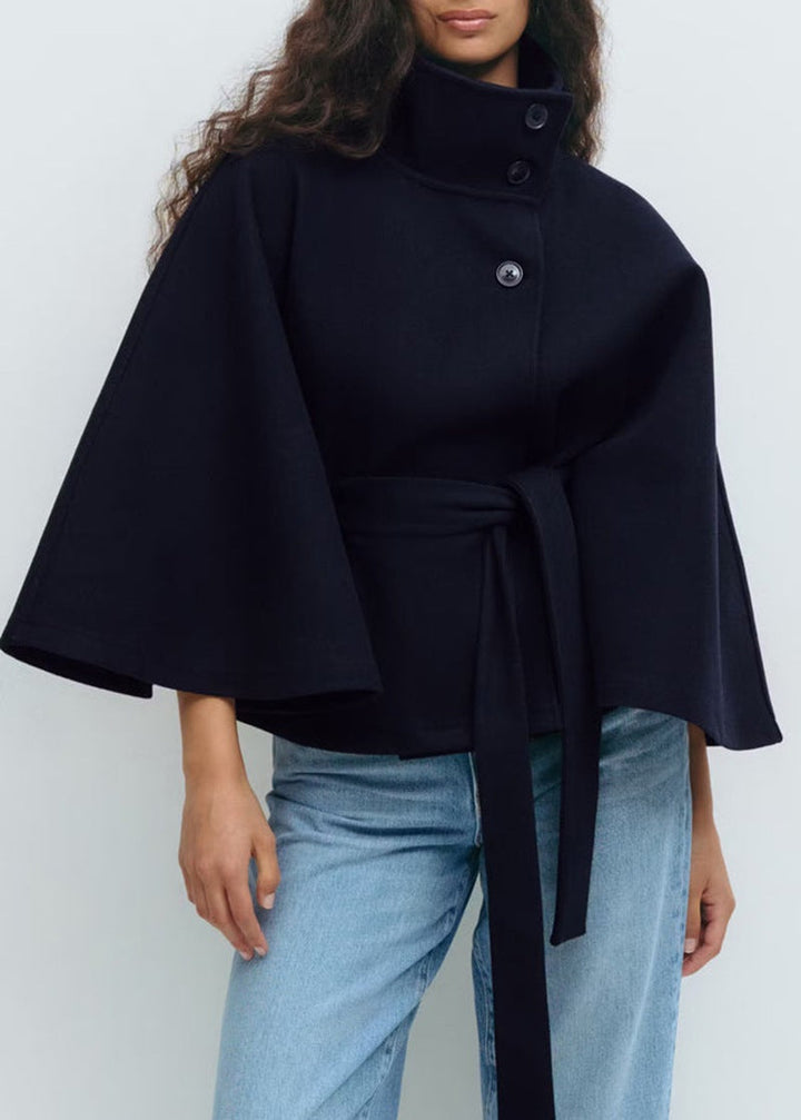 Edwina Elegant Belted Cape Coat with Stand Collar - image 3