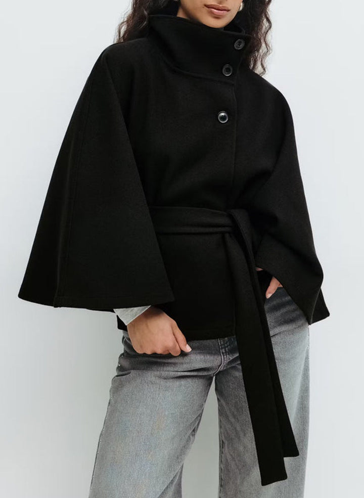 Edwina Elegant Belted Cape Coat with Stand Collar - image 5