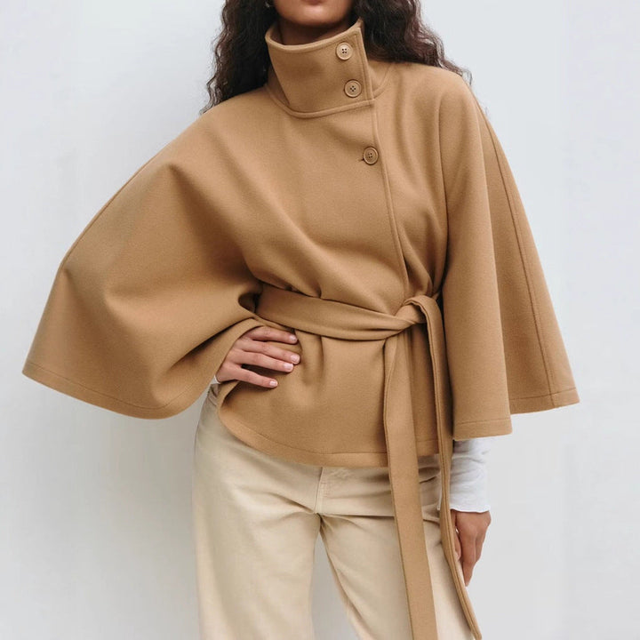 Edwina Elegant Belted Cape Coat with Stand Collar
