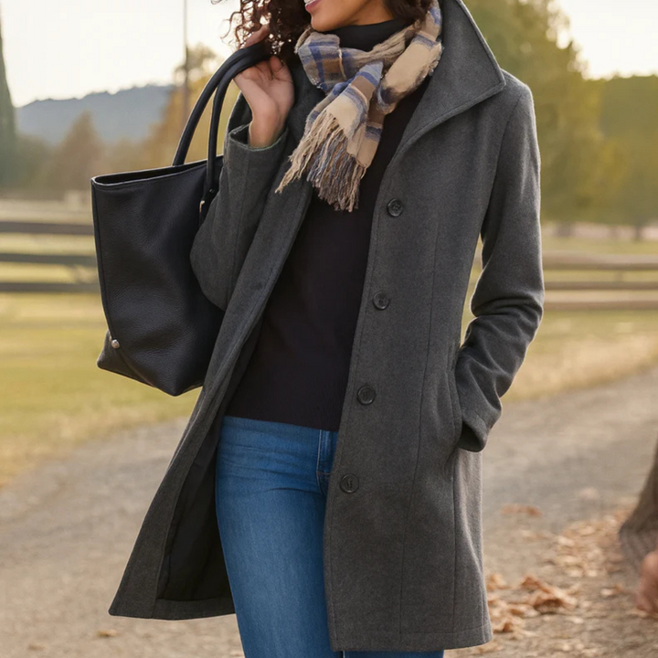 Rosalind mid length wool coat with high collar