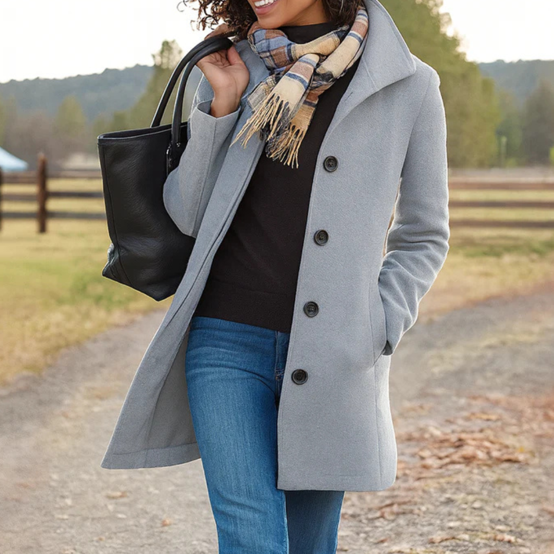 Rosalind mid length wool coat with high collar