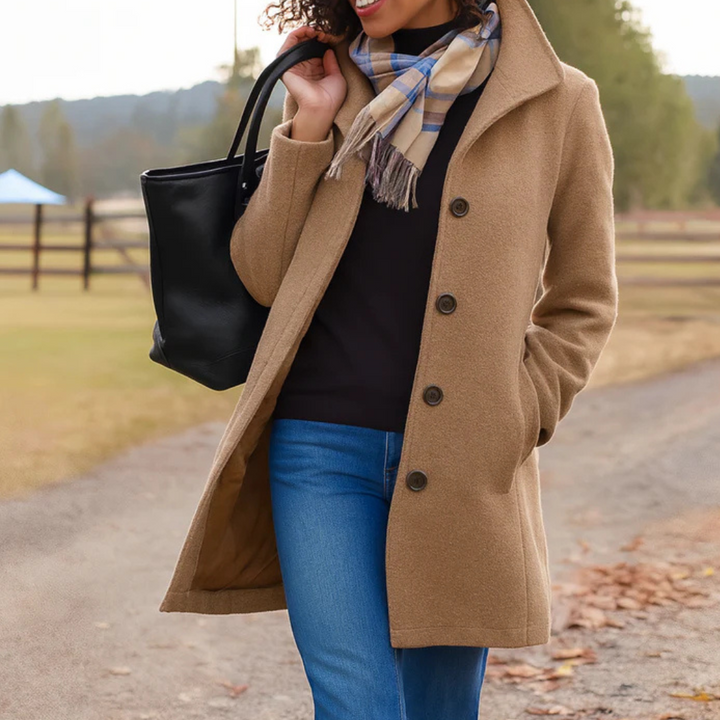 Rosalind mid length wool coat with high collar