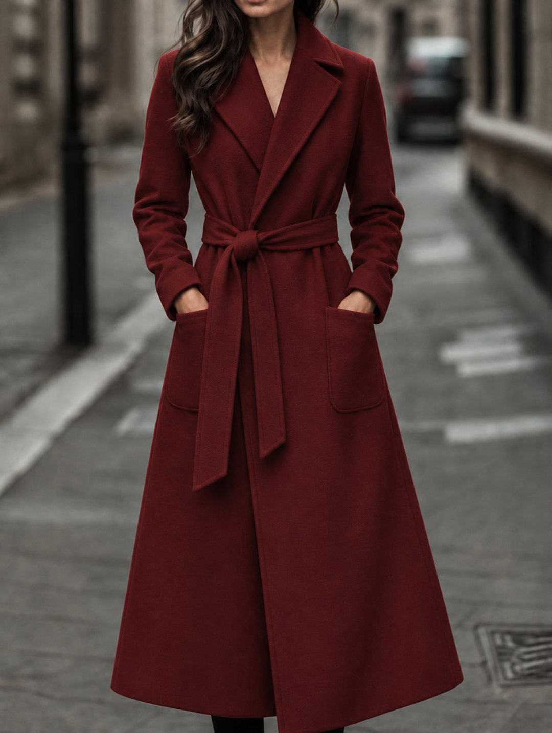 Sabine long belted wool coat with patch pockets