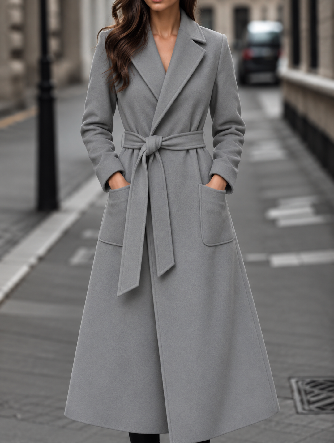 Sabine long belted wool coat with patch pockets – image 8