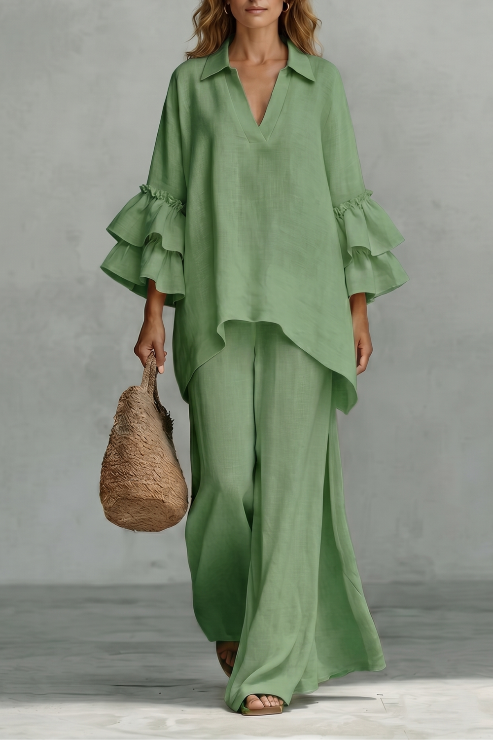 Rhea ruffle sleeve tunic and wide leg trouser set – image 7