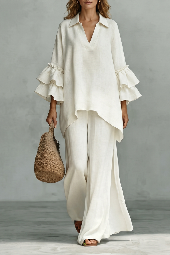 Rhea ruffle sleeve tunic and wide leg trouser set