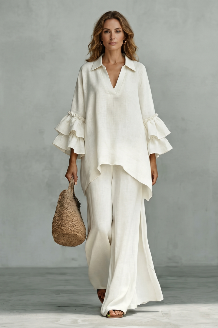 Rhea ruffle sleeve tunic and wide leg trouser set – image 2